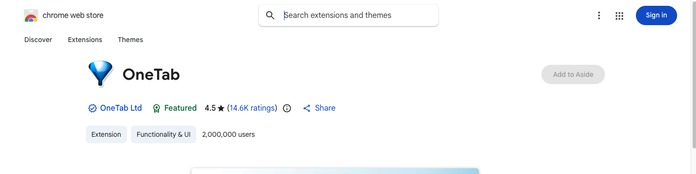 OneTab Chrome Web Store page showing a tab management extension for reducing browser clutter