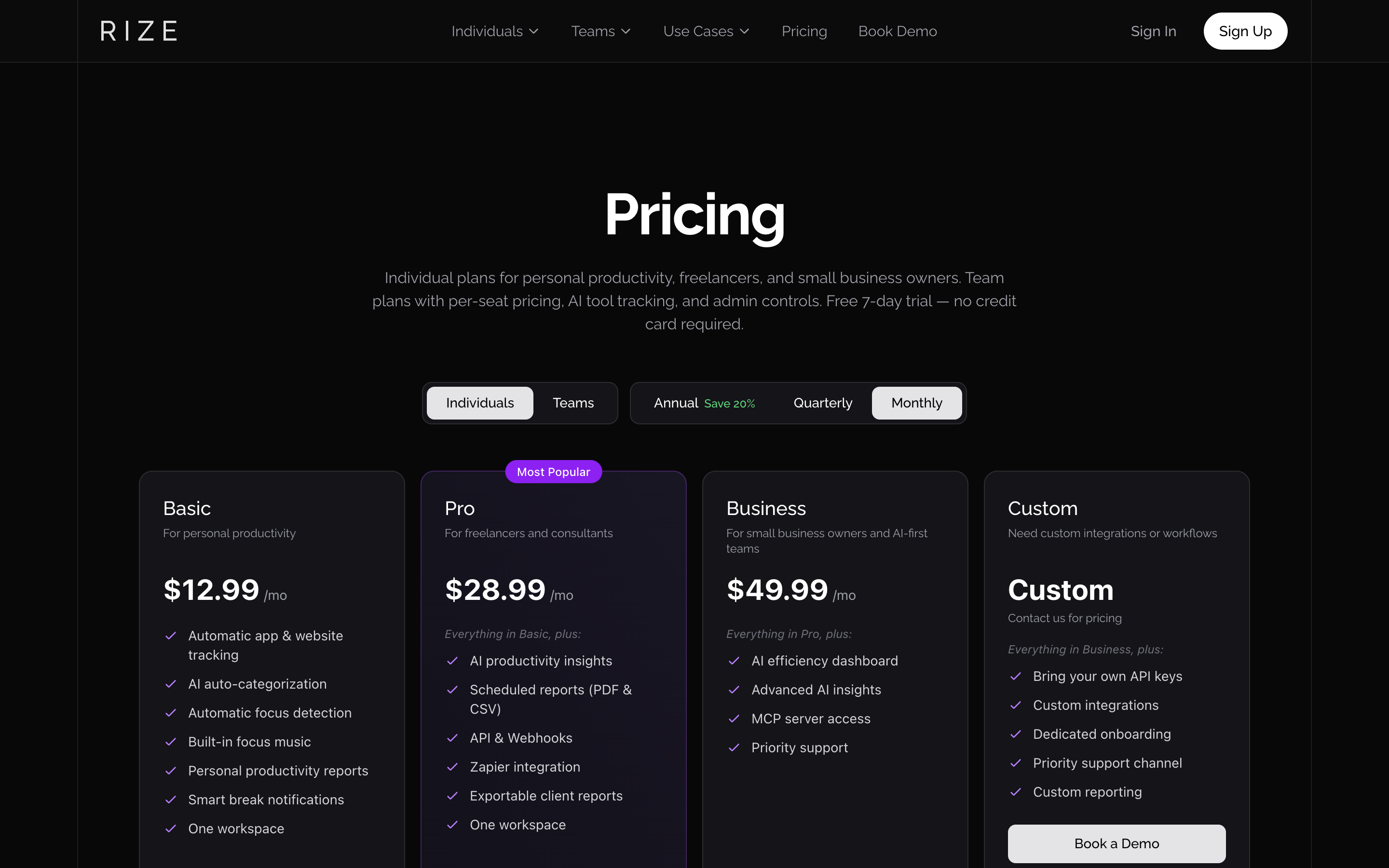 Rize pricing page showing Basic, Pro, Business, and Custom plans