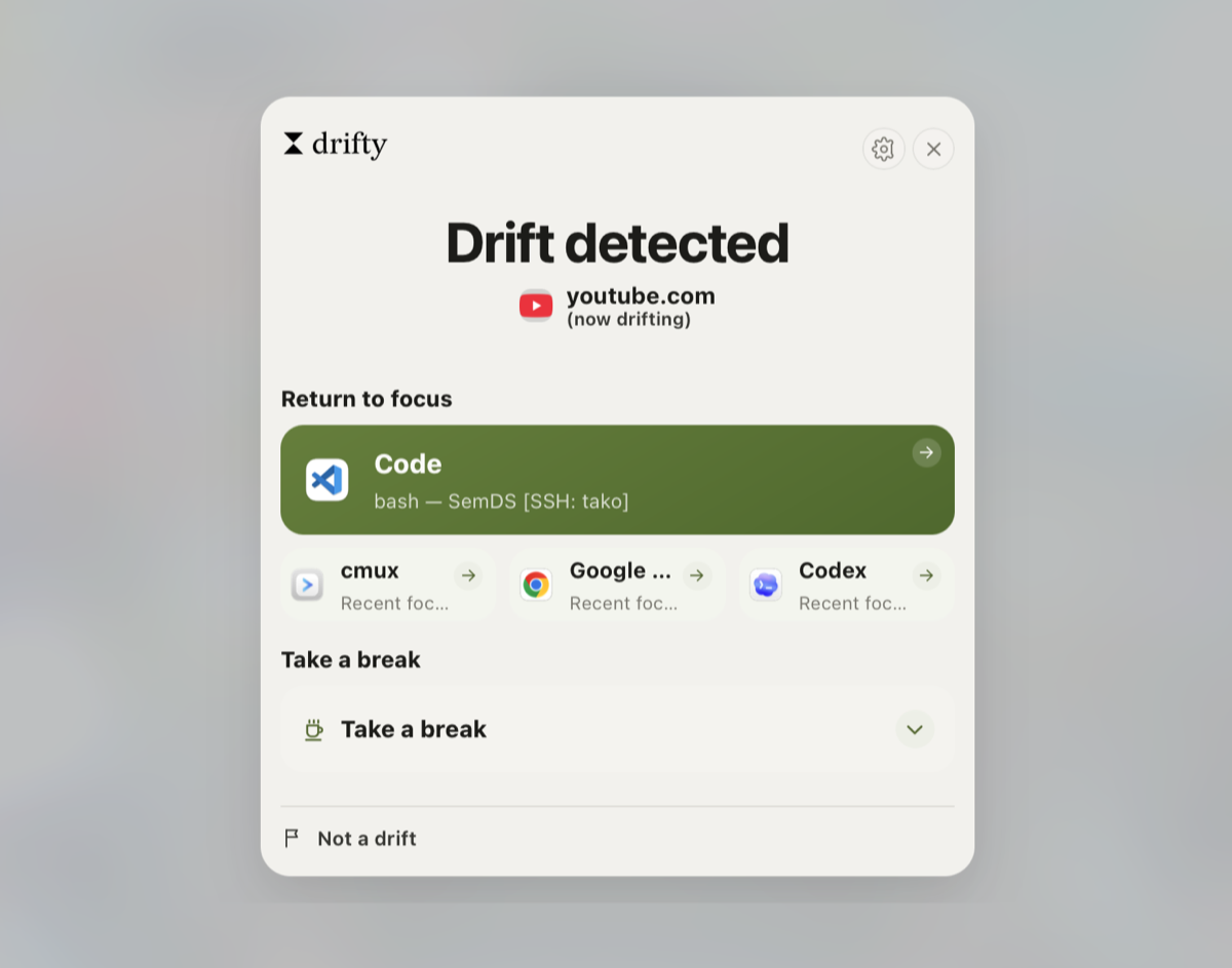drifty Drift Alarm window showing Return to focus options, Take a break, and Not a drift actions