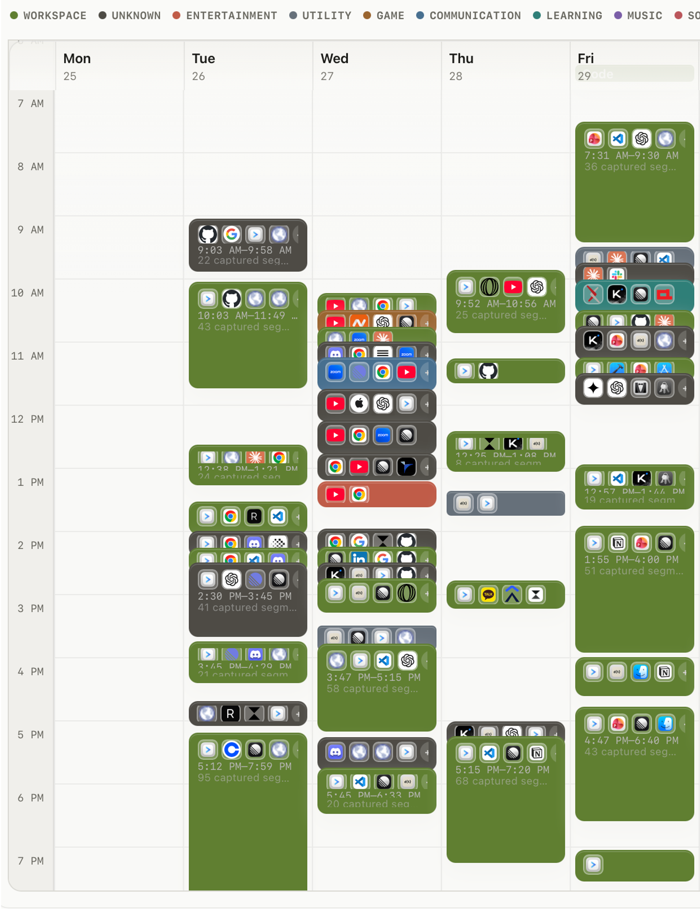 drifty weekly calendar view with captured app and site segments arranged by day